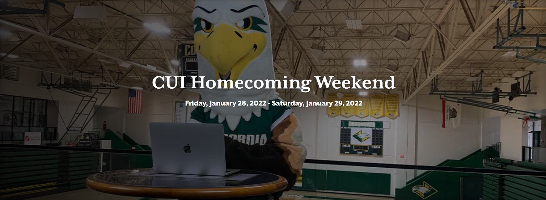 The events of the alumni homecoming weekend at CUI will be held virtually. Marty the Eagles promotes live streaming of sporting events.